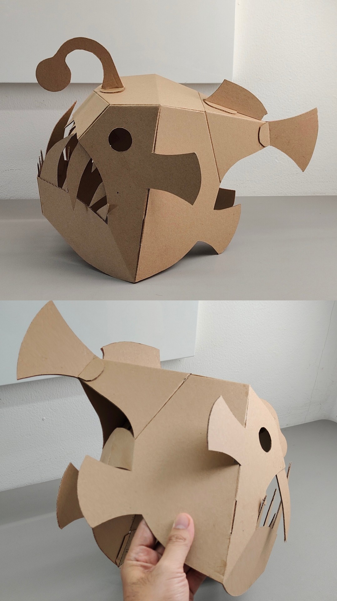Finished DIY Cardboard Angler Fish Full Head Mask template